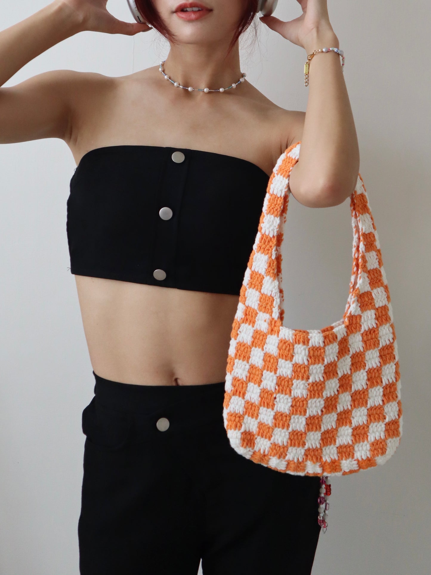 Orange Classic Checkered Small Crochet Bag