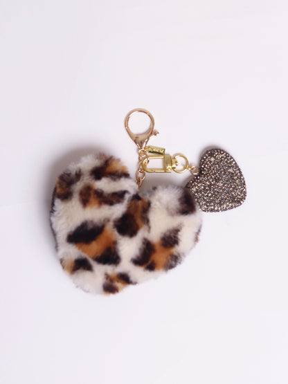 棕色毛絨豹紋搭配白鑽愛心吊飾 Brown Leopard Print Heart Charm