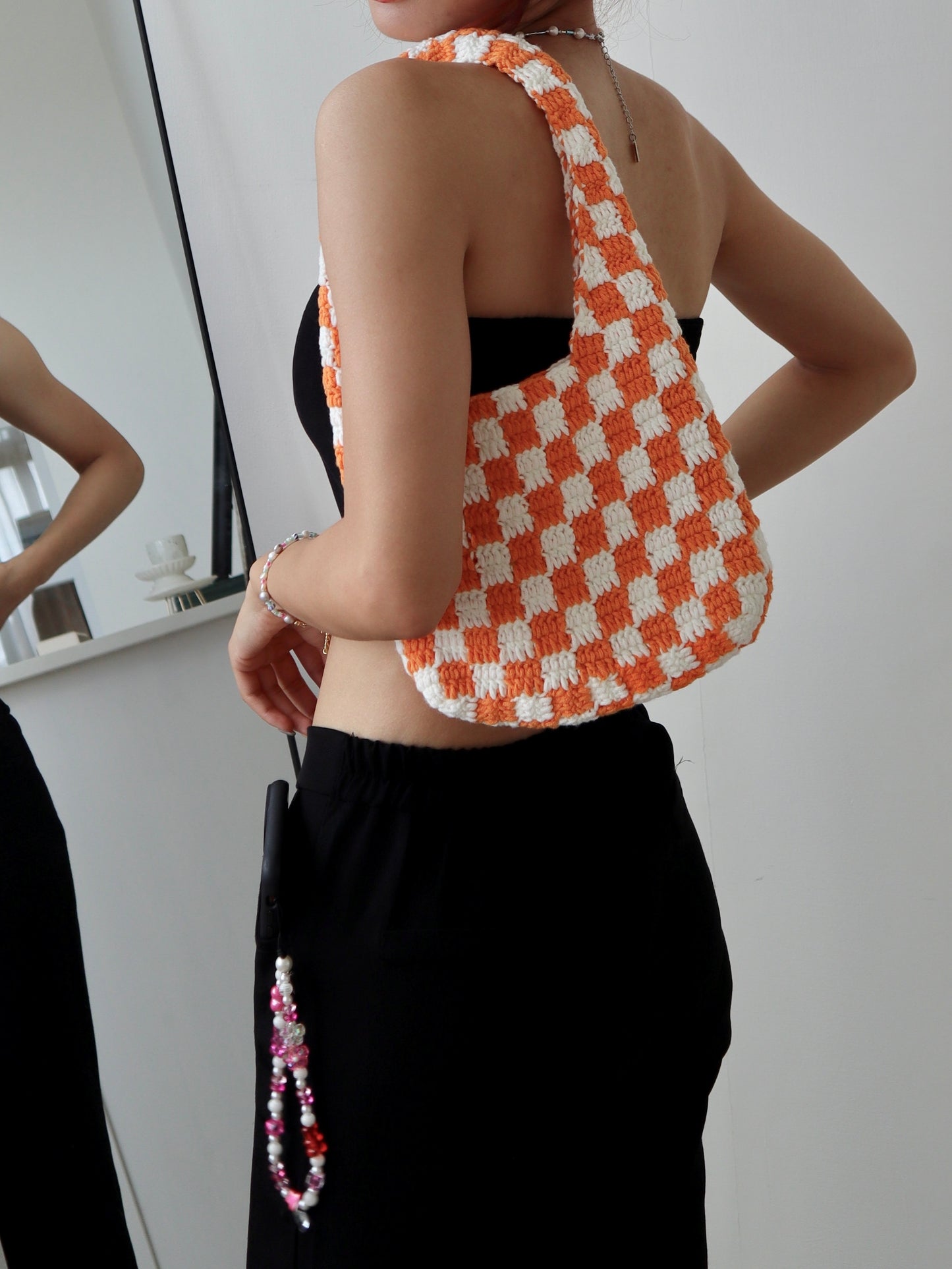 Orange Classic Checkered Small Crochet Bag