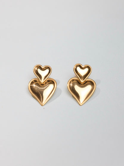 金色雙層愛心耳針 Gold Layered Heart Drop Earrings