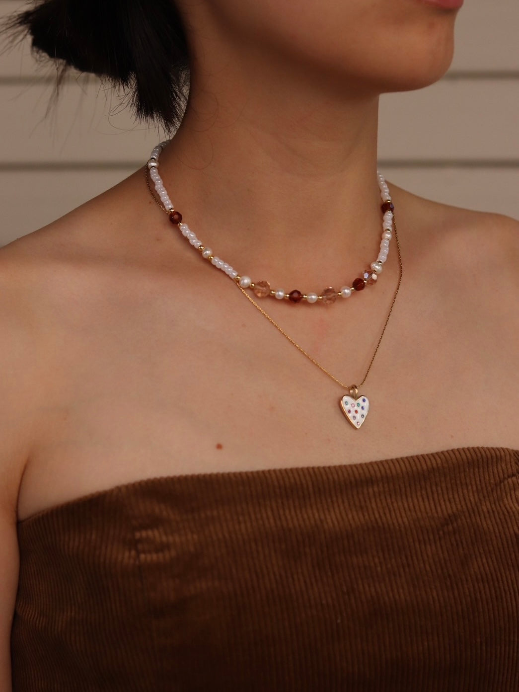 秋季棕色高光水晶白珠項鍊 Brown Crystal & White Beads Necklace