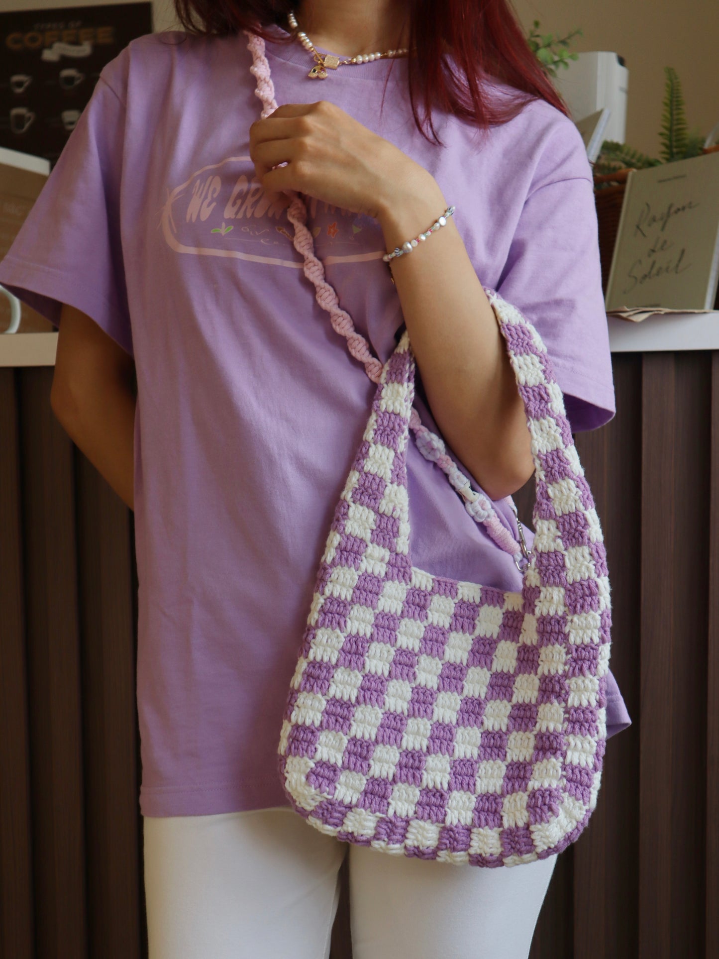 Purple Classic Checkered Small Crochet Bag