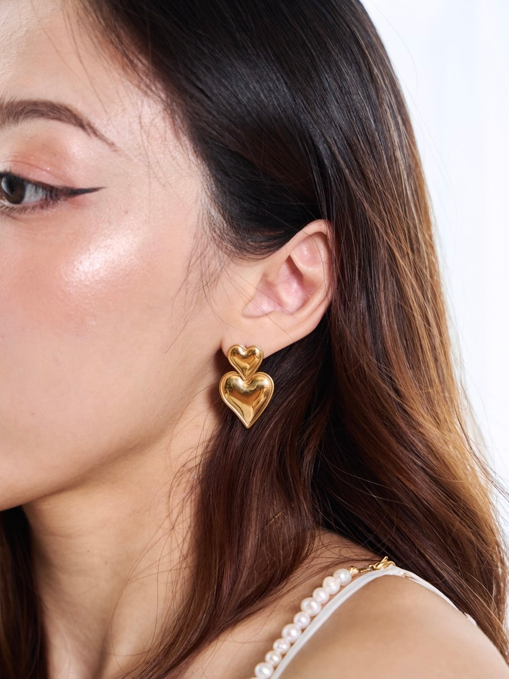 金色雙層愛心耳針 Gold Layered Heart Drop Earrings