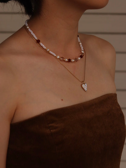 秋季棕色高光水晶白珠項鍊 Brown Crystal & White Beads Necklace