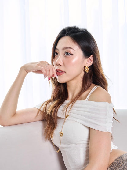 金色雙層愛心耳針 Gold Layered Heart Drop Earrings