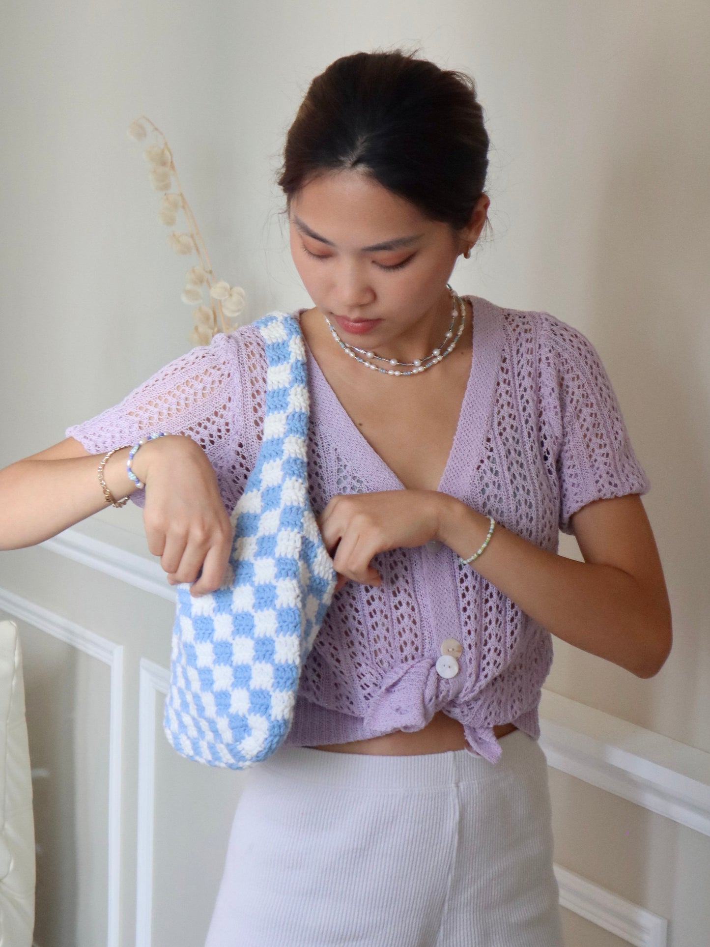 Baby Blue Classic Checkered Small Crochet Bag