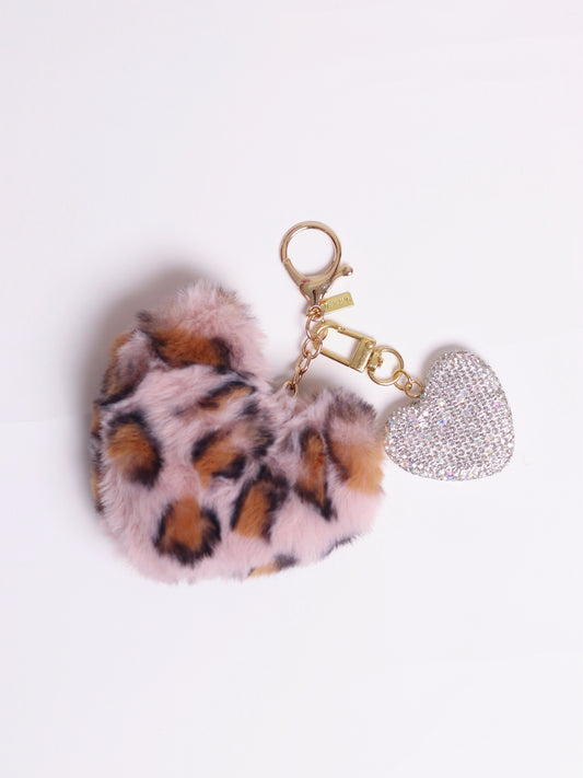 粉色毛絨豹紋搭配黑鑽愛心吊飾 Pink Leopard Print Heart Charm