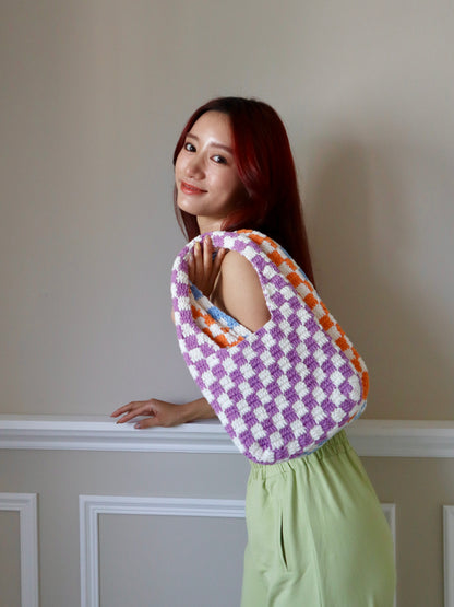 Purple Classic Checkered Small Crochet Bag