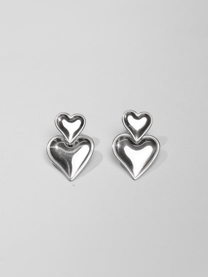 銀色雙層愛心耳針 Silver Layered Heart Drop Earrings