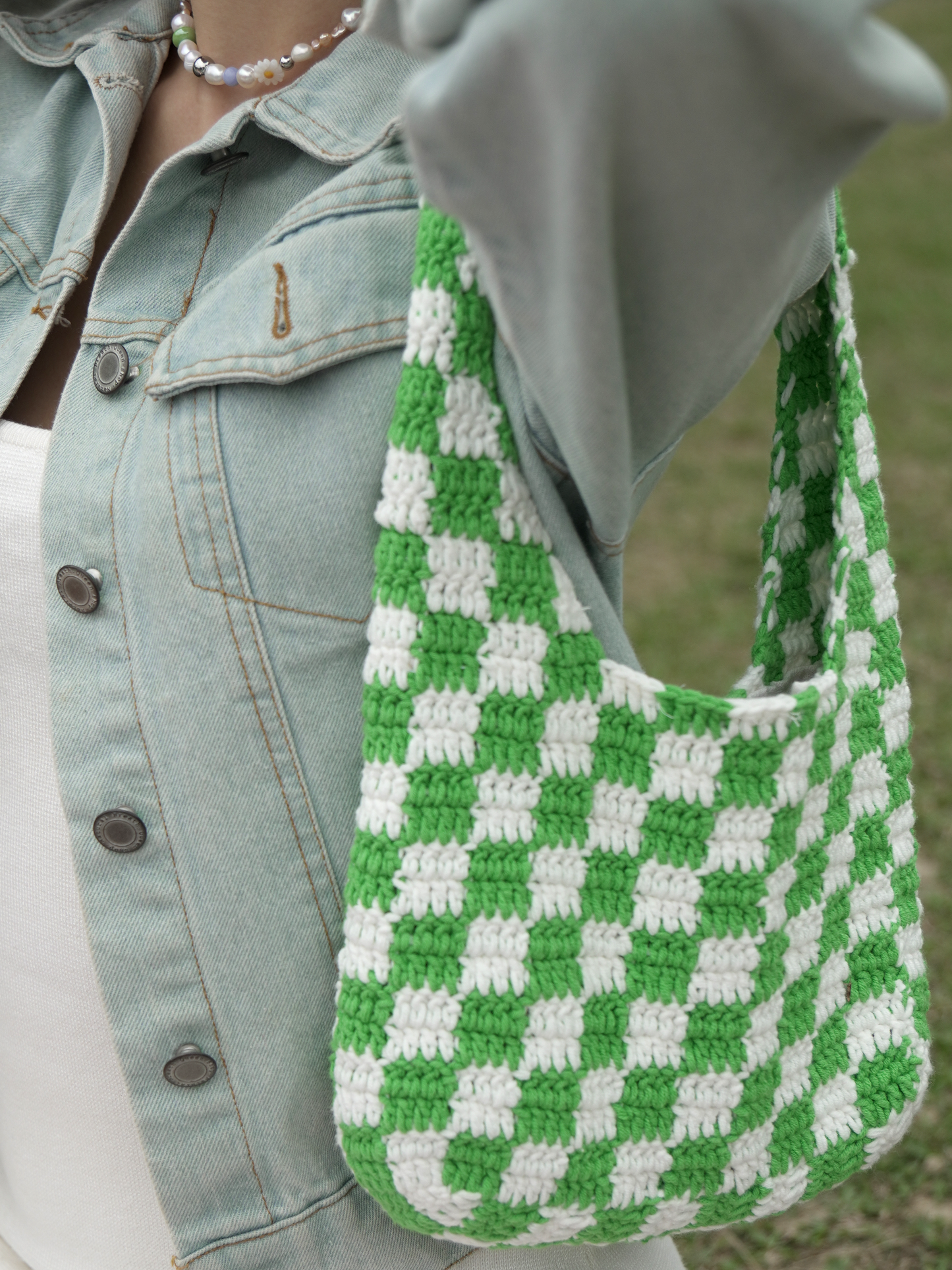 Green Classic Checkered Small Crochet Bag