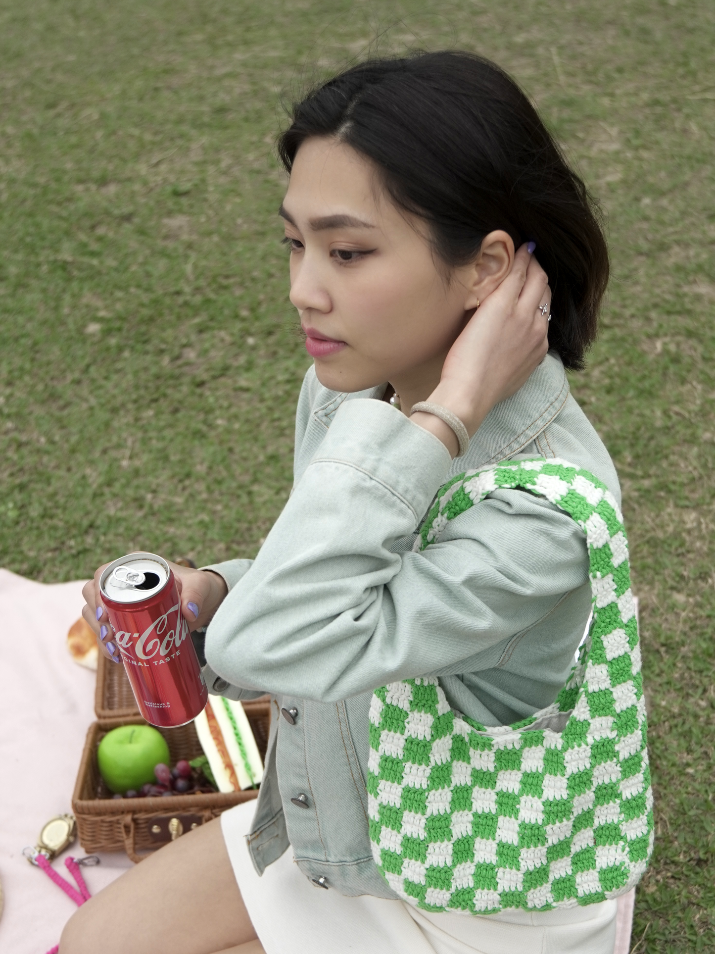 Green Classic Checkered Small Crochet Bag