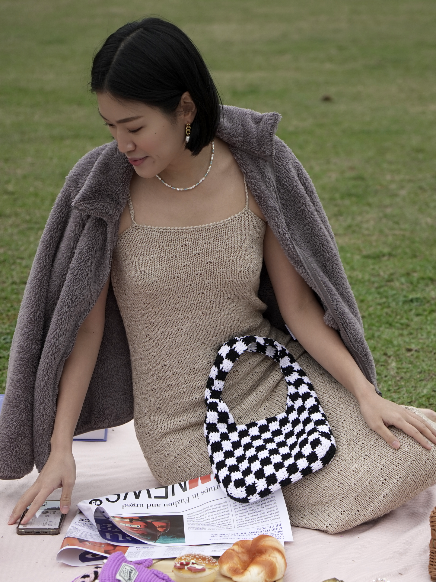 Black&white Classic Checkered Small Crochet Bag